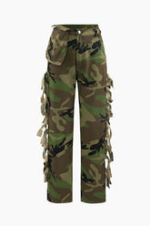 Camo Print Fringe Straight Pants